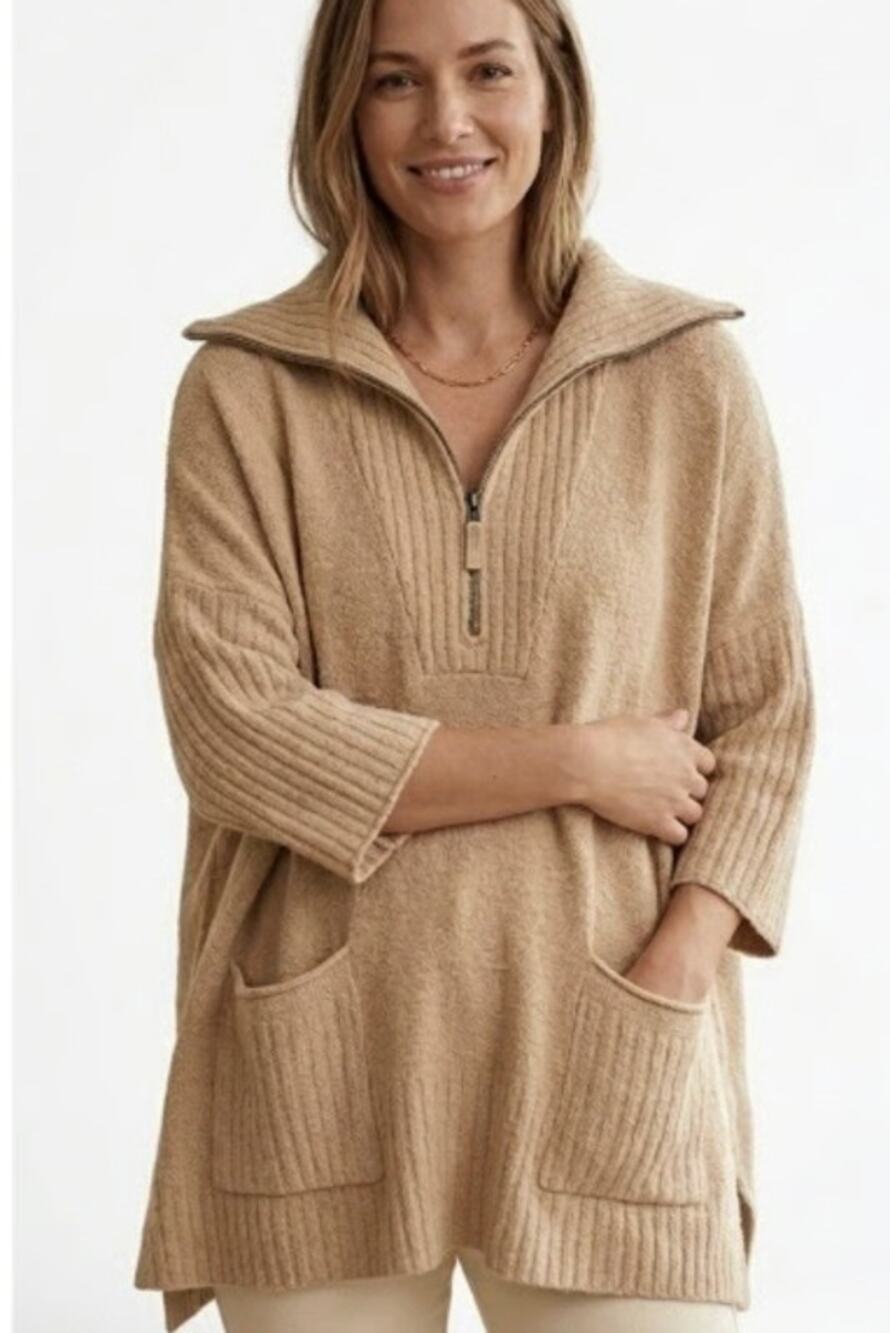NWT Barefoot Dreams CozyChic Lite Half Zipped Rolled edge Tunic Camel